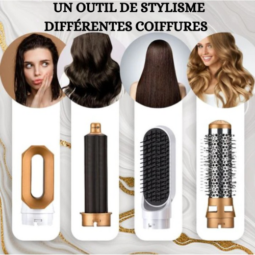 Outil de coiffure multifonctionnel avec accessoires interchangeables pour lisser, boucler et volumiser les cheveux, idéal pour divers styles.