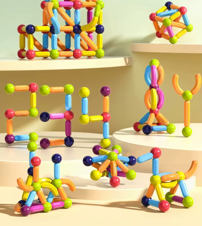 Jeu de construction magnétique coloré pour enfants, formes géométriques variées, développement créatif, jouets éducatifs, blocs aimantés.