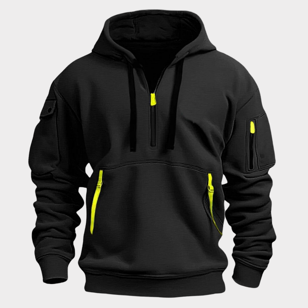 Sweat à capuche noir avec fermetures éclair jaunes, poches multiples, manches longues, style décontracté. Mode urbaine, vêtement tendance homme.