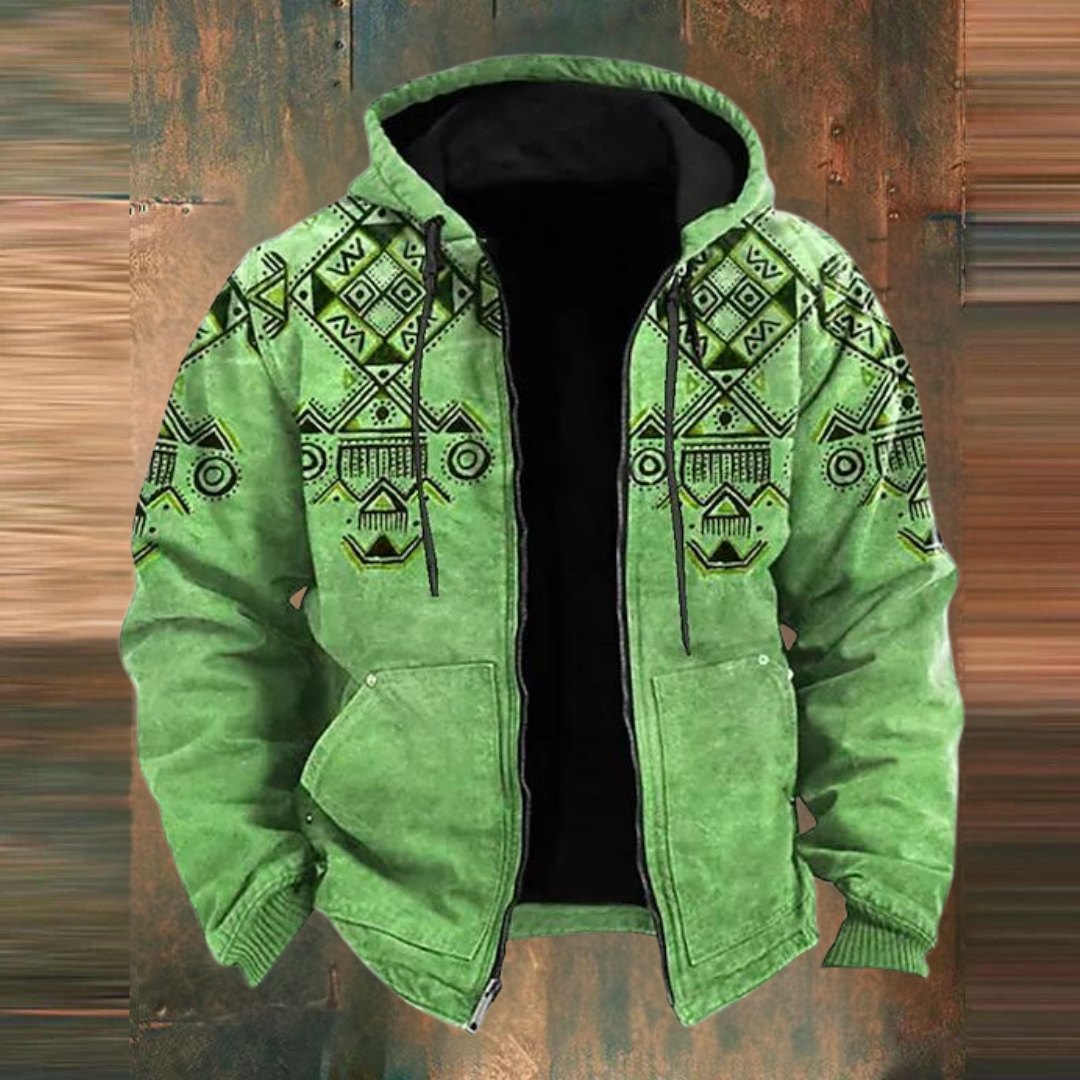 Veste verte à capuche avec motifs géométriques ethniques noirs, style bohème, fond texturé. Mode tendance, vêtements d'hiver, design unique.
