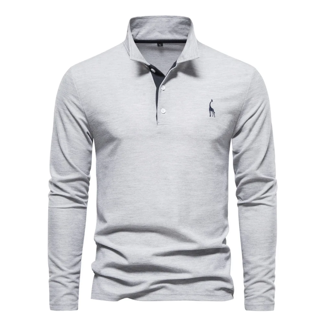 Polo gris à manches longues pour homme avec logo girafe, col boutonné. Mode élégante, vêtement décontracté, style moderne.
