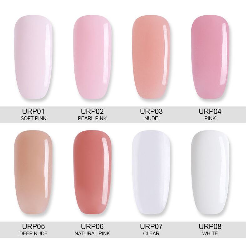 Palette de vernis à ongles en gel UV, huit teintes: rose doux, rose perle, nude, rose, nude profond, rose naturel, transparent, blanc.