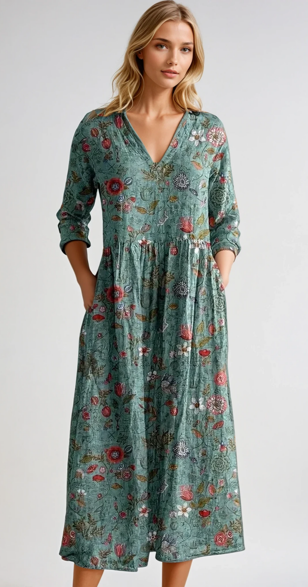 Robe longue verte à motifs floraux, manches trois-quarts, col en V, poches latérales. Style bohème chic pour femme, tendance et élégante.