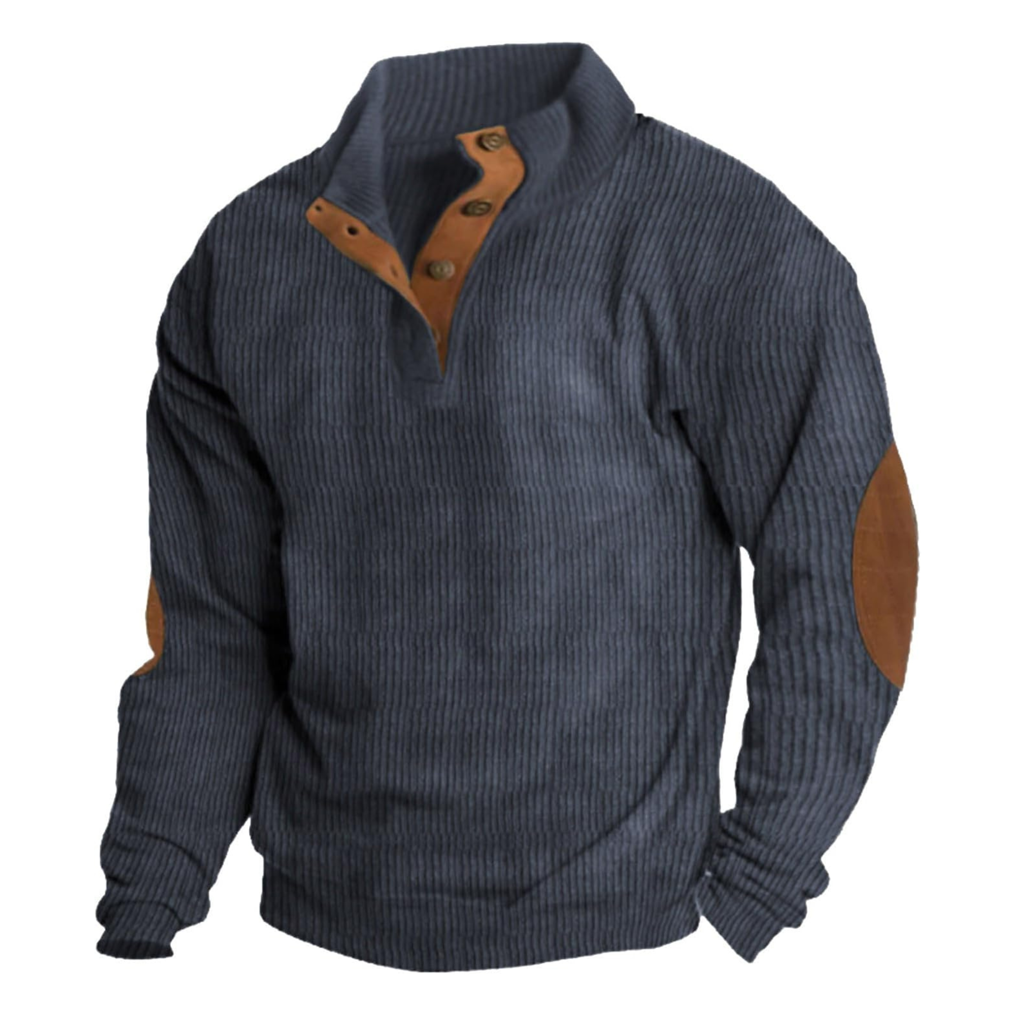 Pull en laine gris avec col boutonné et coudières marron, style décontracté et élégant, idéal pour l'hiver. Mode homme, vêtement chaud.