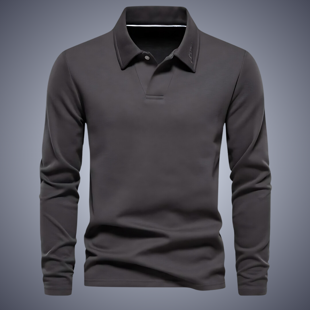 Polo gris à manches longues pour homme, col classique, style décontracté, idéal pour l'automne et l'hiver, mode masculine élégante et moderne.