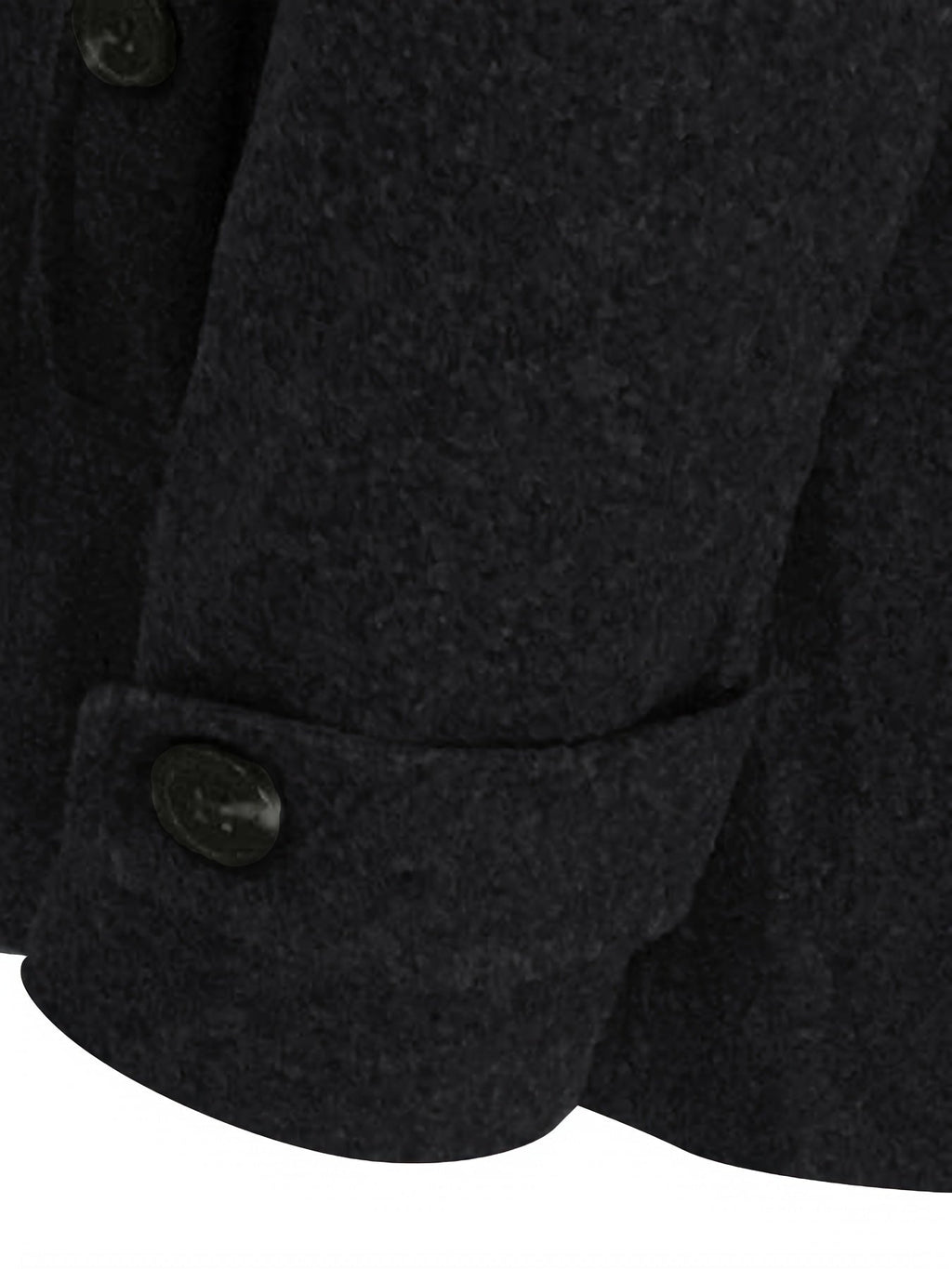 Manche de manteau en laine noire avec bouton, texture épaisse et élégante, vêtement d'hiver chaud, mode homme, style classique et intemporel.