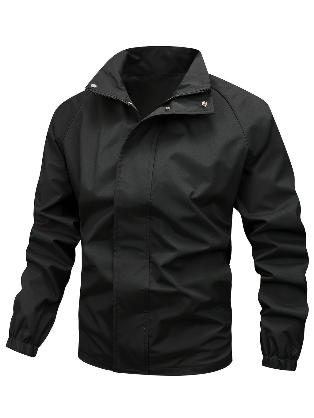Veste imperméable noire pour homme, design moderne, fermeture éclair, col montant, idéale pour la pluie et les activités extérieures.