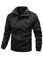 Veste imperméable noire pour homme, design moderne, fermeture éclair, col montant, idéale pour la pluie et les activités extérieures.