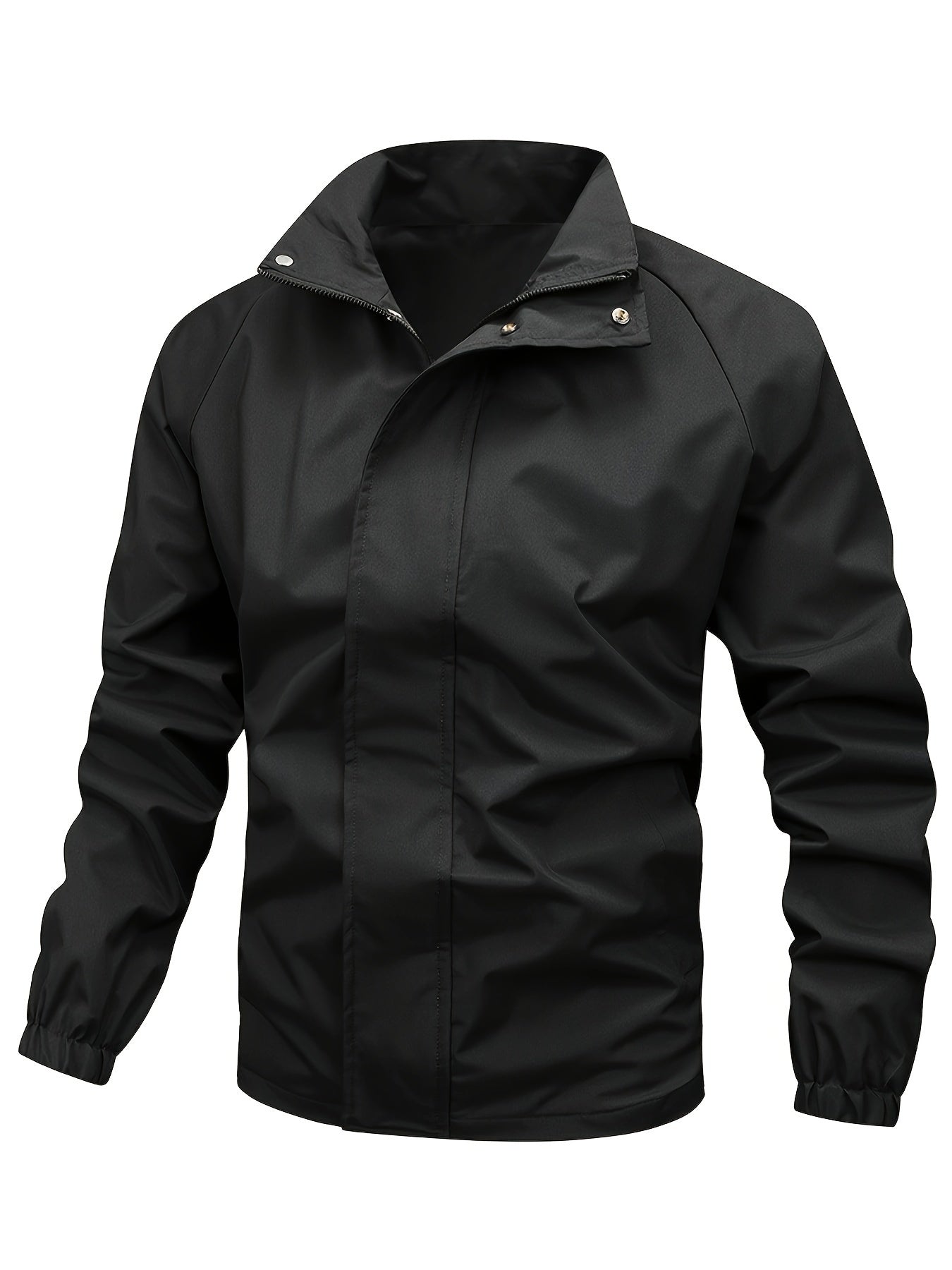 Veste imperméable noire pour homme, design moderne, fermeture éclair, col montant, idéale pour la pluie et les activités extérieures.