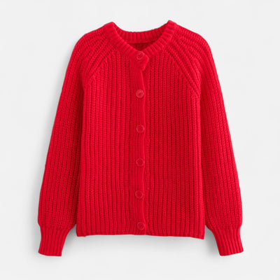 Gilet rouge en tricot épais avec boutons, manches longues et col rond. Mode automne-hiver, vêtement chaud et confortable pour femmes.