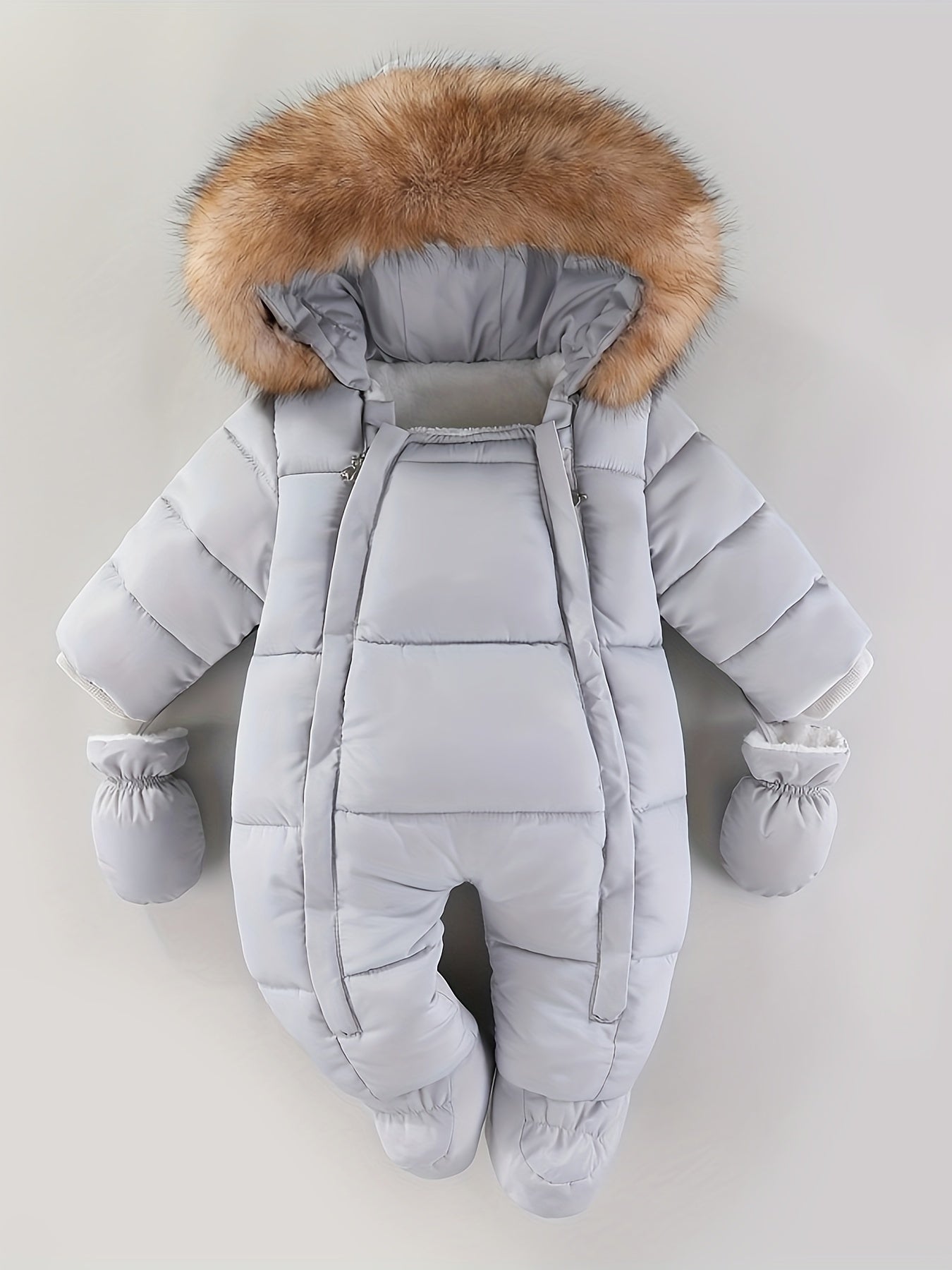 Combinaison bébé d'hiver grise avec capuche en fausse fourrure, gants et chaussons. Vêtement chaud et douillet pour nouveau-né.