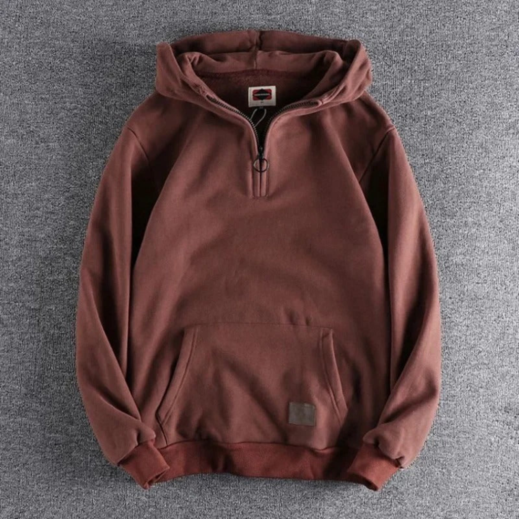 Sweat à capuche marron pour homme, fermeture éclair partielle, poche kangourou, style décontracté, idéal pour l'automne et l'hiver.