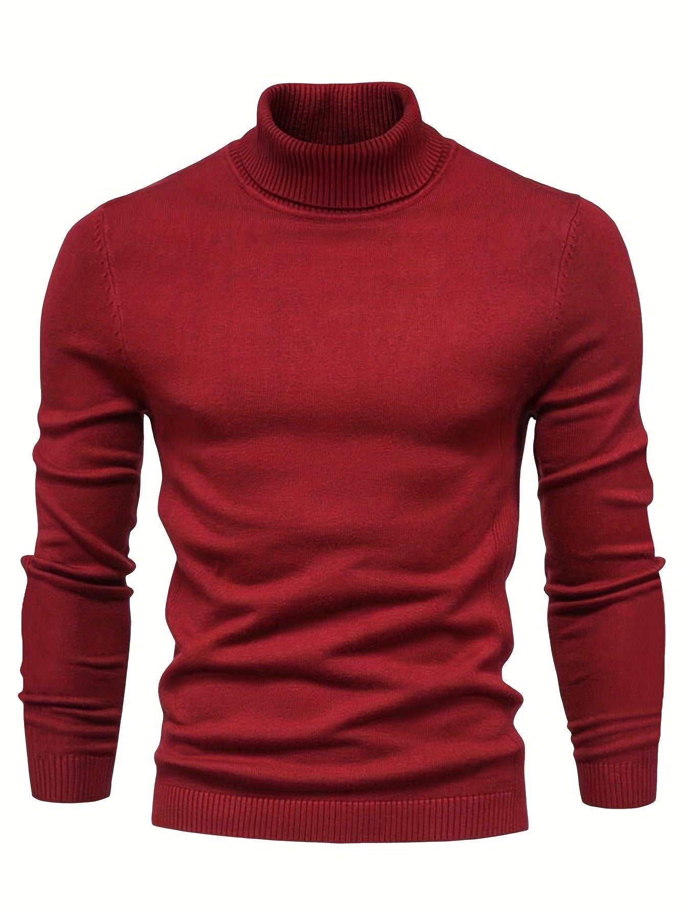 Pull col roulé rouge pour homme, manches longues, tricoté, élégant et chaud, idéal pour l'hiver et la mode masculine.