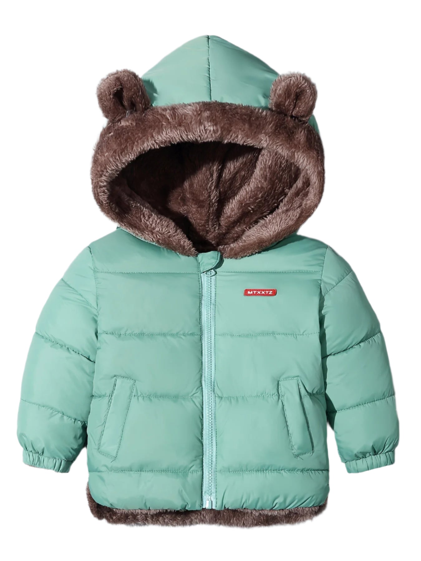 Veste d'hiver bébé vert menthe avec capuche doublée en fourrure marron et oreilles d'ours. Manteau chaud et confortable pour enfants.