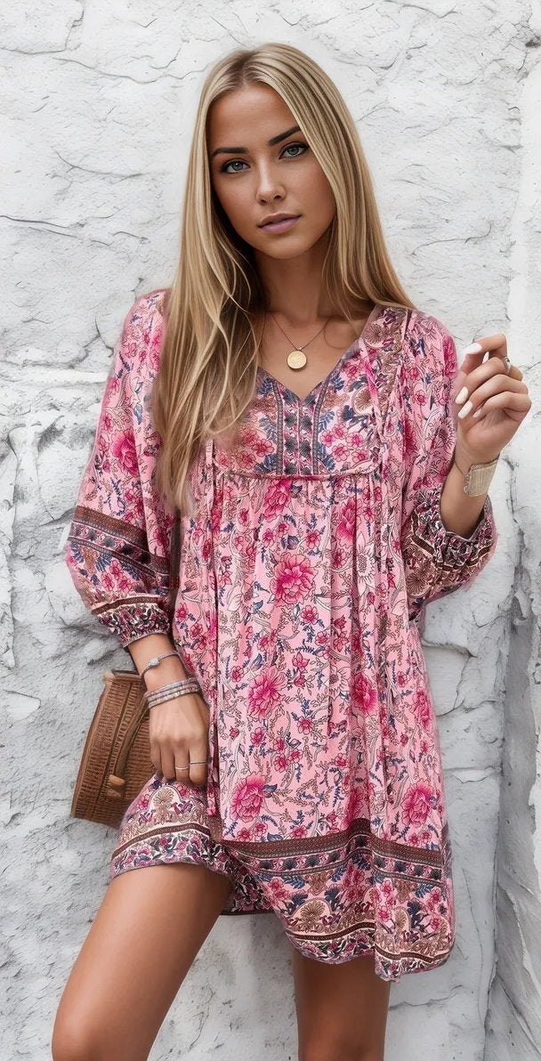 Jeune femme en robe bohème rose à motifs floraux, posant devant un mur blanc texturé. Mode féminine, style bohème chic, tendance été.
