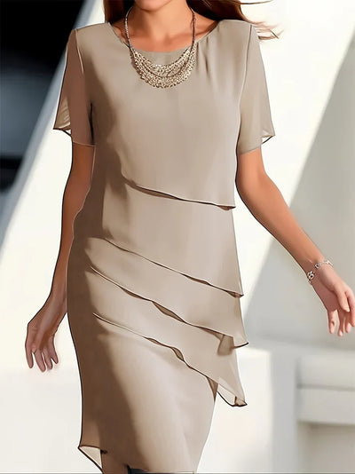 Elegante vestido formal de una sola capa con ribete de color, cuello redondo y manga corta para mujer | Para ocasiones formales