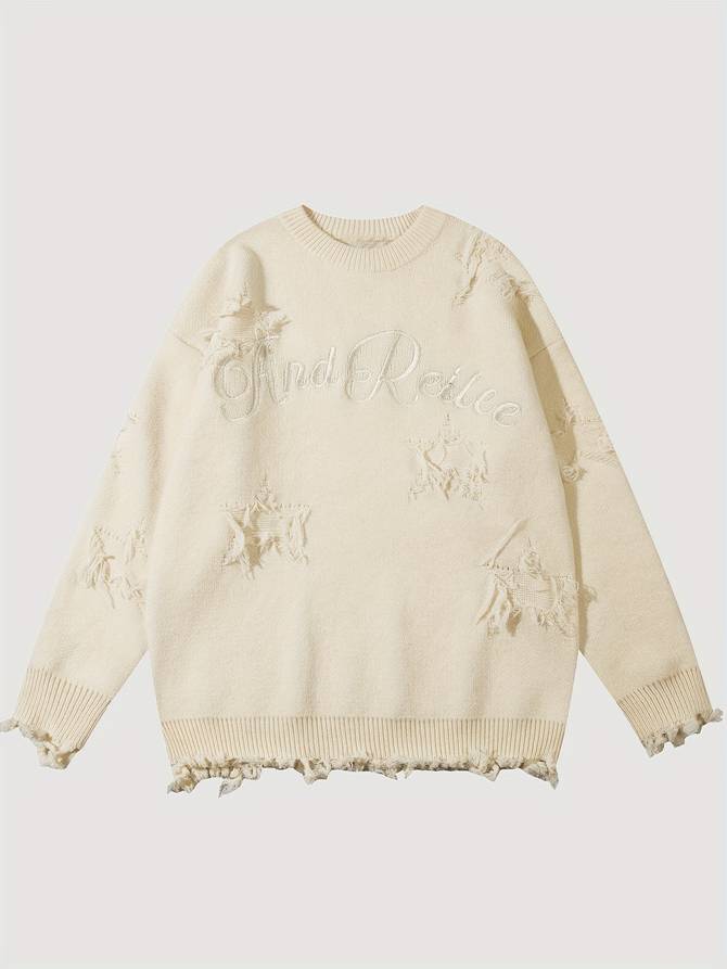 Pull beige en tricot avec motif floral en relief et texte brodé "And Relax", style décontracté, mode automne-hiver, tendance vêtements confortables.
