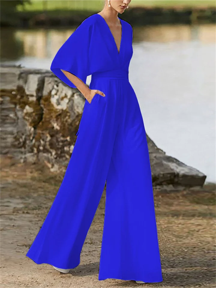 Tuta elegante da donna con scollo a V, gamba larga e maniche a pipistrello | Ideale per l'inverno