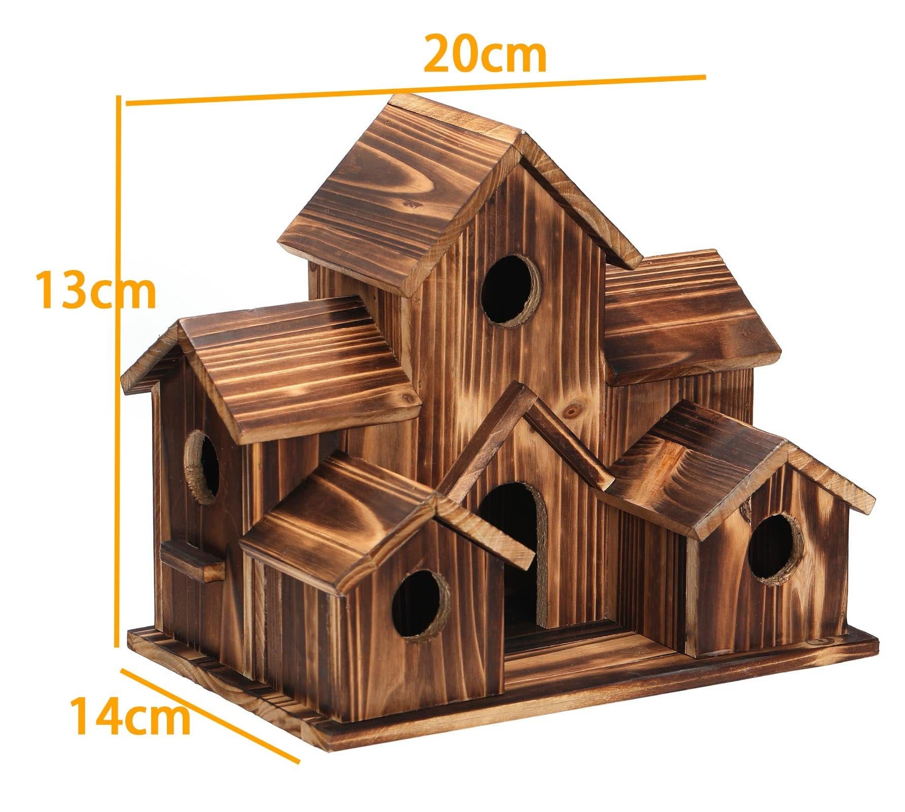 Nichoir en bois rustique à plusieurs niveaux, dimensions 20x13x14 cm, idéal pour oiseaux, décoration jardin, design naturel et chaleureux.