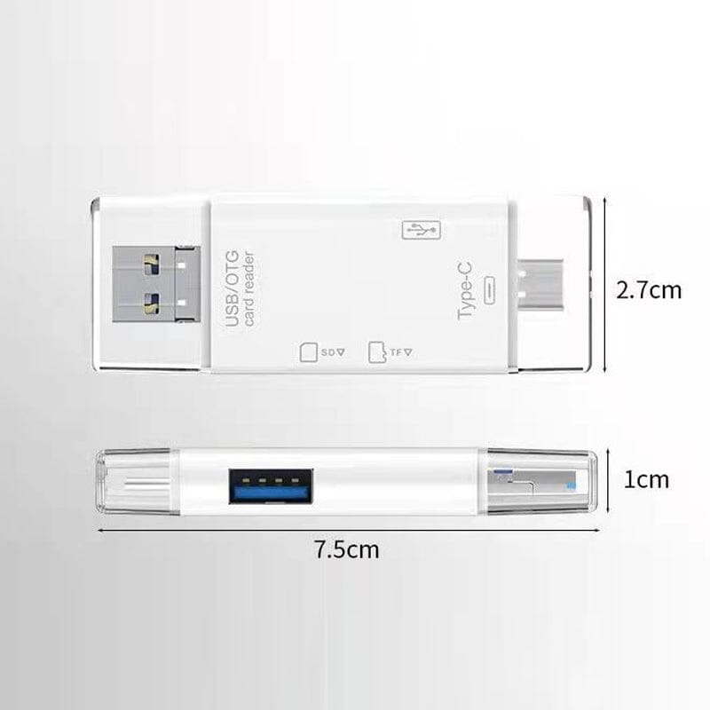 Lecteur de carte USB OTG Type-C blanc, dimensions 7,5 cm x 2,7 cm x 1 cm, avec ports USB et Type-C, idéal pour transfert de données rapide.