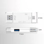 Lecteur de carte USB OTG Type-C blanc, dimensions 7,5 cm x 2,7 cm x 1 cm, avec ports USB et Type-C, idéal pour transfert de données rapide.