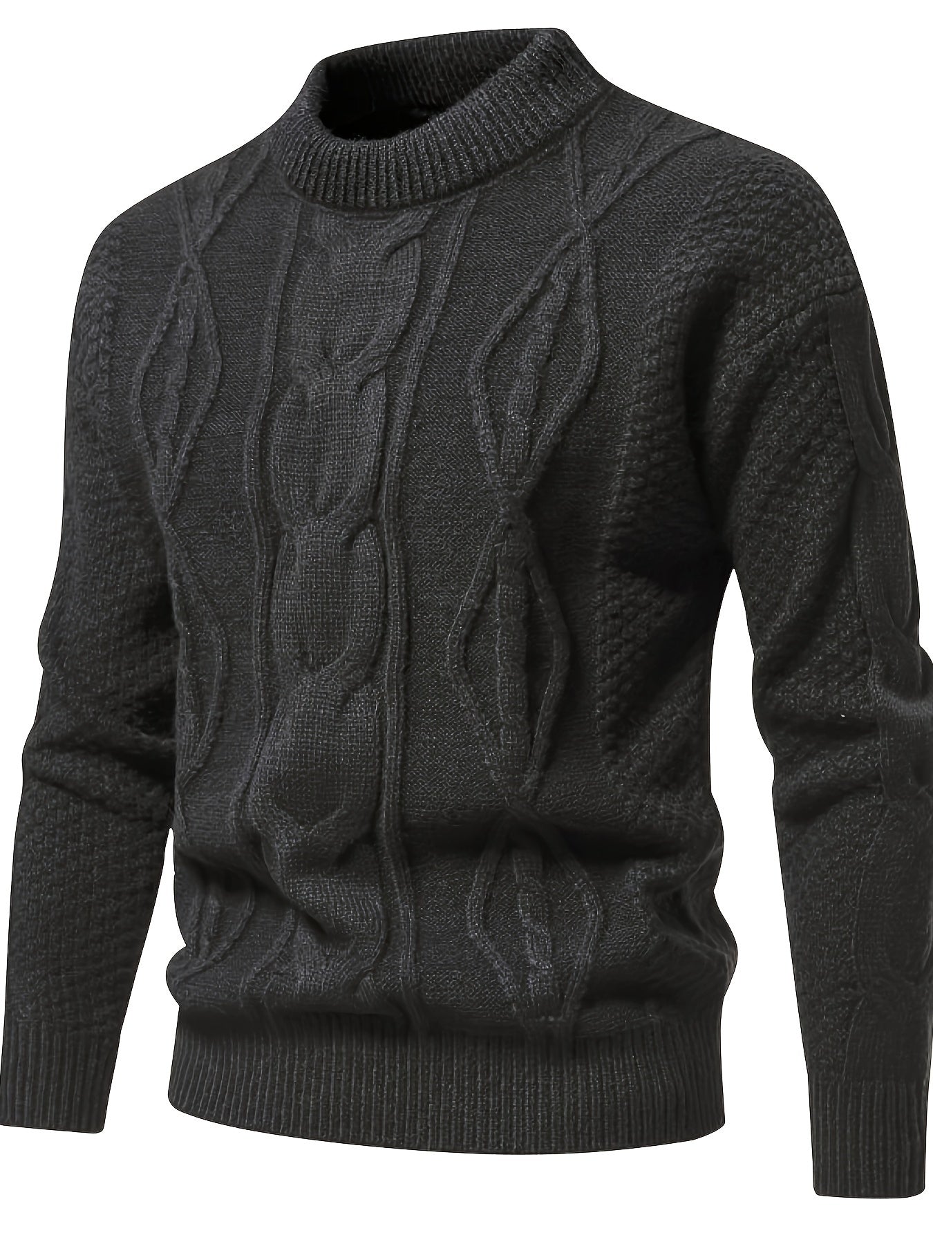 Pull en laine torsadée noir pour homme, col rond, manches longues, style élégant et chaud, idéal pour l'hiver et la mode masculine.
