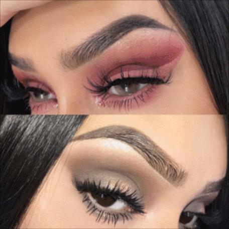 Maquillage yeux femme, fard à paupières rose et marron, cils volumineux, sourcils définis, look glamour, tendance beauté 2023.