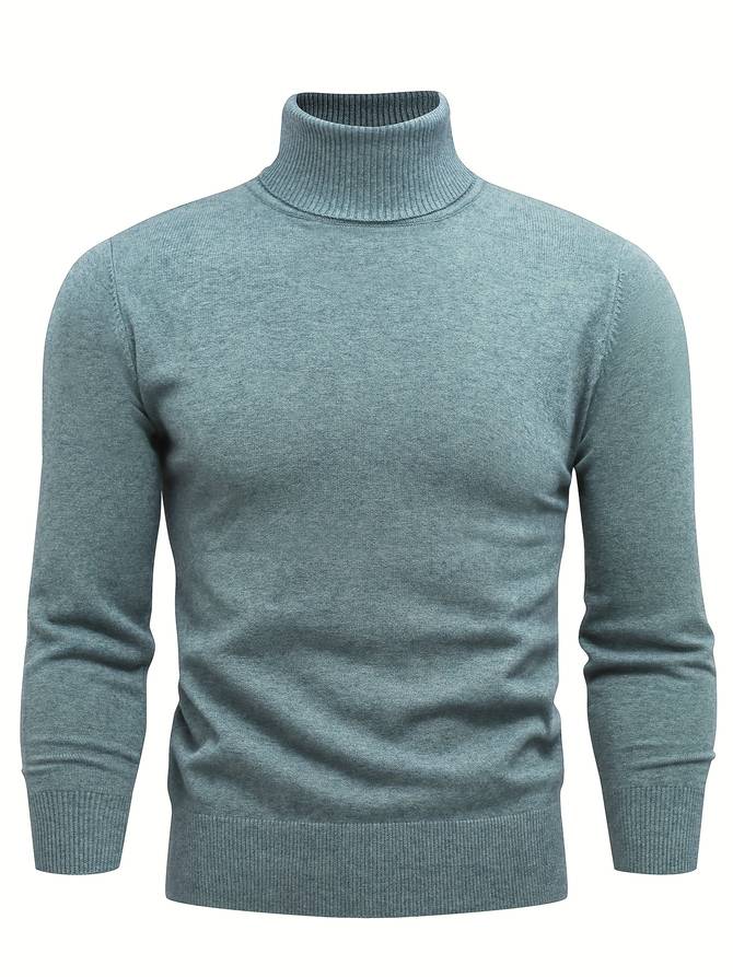 Pull col roulé gris en laine, manches longues, coupe ajustée. Mode hiver homme, vêtement chaud et élégant.