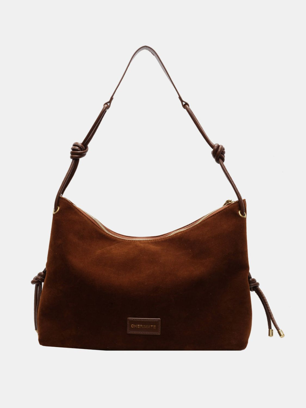 Sac à main en daim marron avec bandoulière en cuir, fermeture éclair dorée et détails noués. Élégant et tendance pour femme.