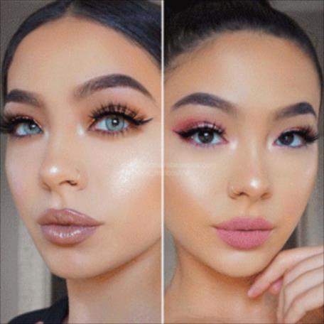 Deux portraits côte à côte d'une femme avec maquillage glamour, mettant en valeur des yeux maquillés, lèvres brillantes et peau lumineuse.