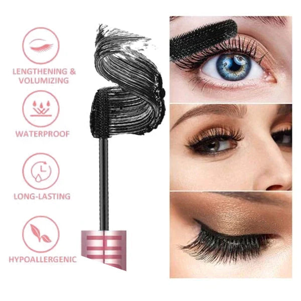 Mascara noir allongeant et volumisant, waterproof, longue tenue, hypoallergénique, avec images démontrant l'effet sur les cils.