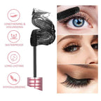 Mascara noir allongeant et volumisant, waterproof, longue tenue, hypoallergénique, avec images démontrant l'effet sur les cils.