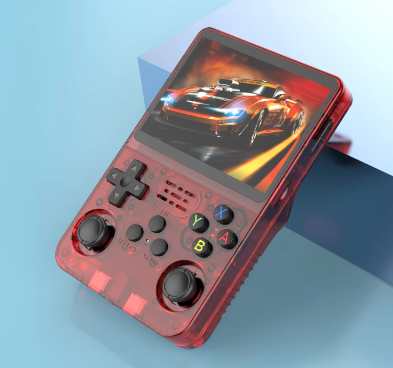 Console de jeu portable rouge transparente avec écran affichant une voiture de course. Design rétro, boutons colorés, idéale pour jeux vidéo classiques.