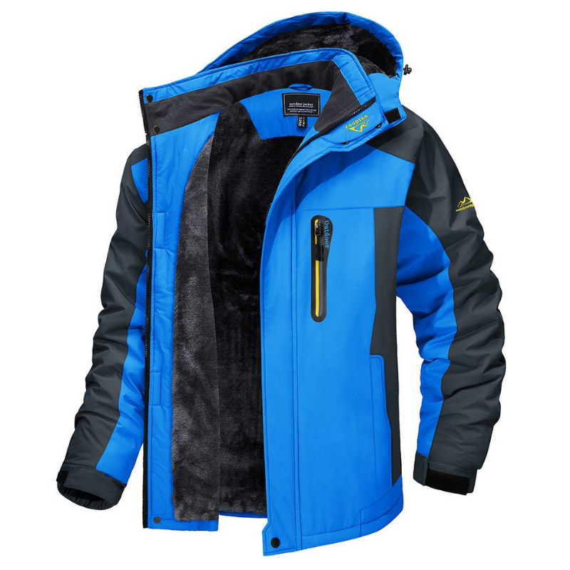 Veste de ski imperméable bleue pour homme, doublure polaire, capuche amovible, poches zippées, idéale pour sports d'hiver et activités extérieures.