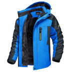 Veste de ski imperméable bleue pour homme, doublure polaire, capuche amovible, poches zippées, idéale pour sports d'hiver et activités extérieures.