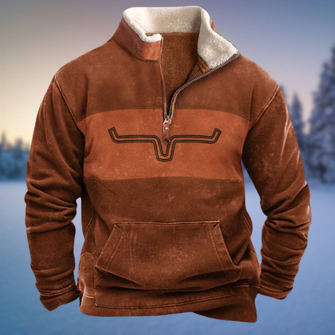 Pull polaire marron avec col zippé, motif cornes de taureau, poche kangourou, idéal pour l'hiver. Confortable et chaud, parfait pour le froid.