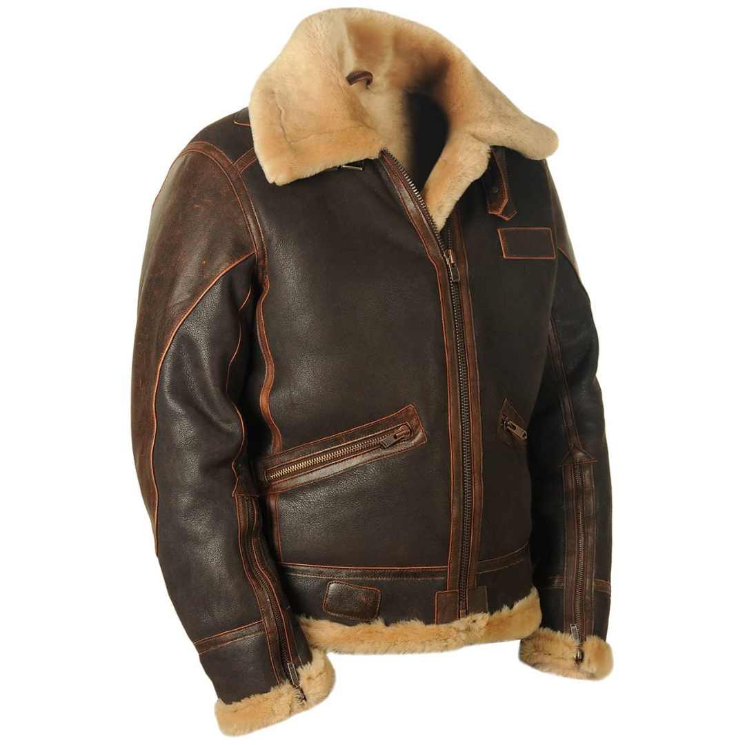 Blouson aviateur en cuir marron avec col en fourrure beige, style vintage, fermeture éclair, poches zippées, mode homme, hiver.