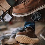 Chaussures en cuir marron avec semelle blanche, posées sur un sol en bois, accompagnées d'un chat gris et d'un conditionneur de cuir Filson.