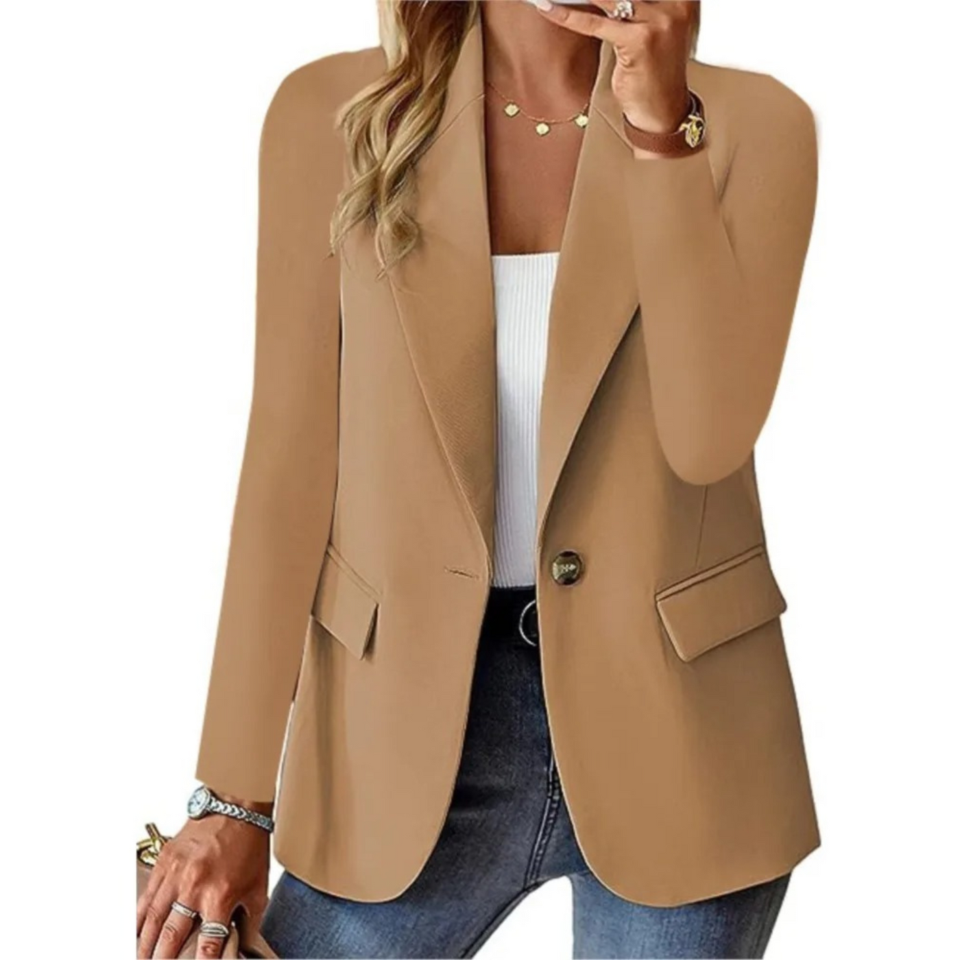 Blazer décontracté à manches longues et poche slim pour femme avec boucle