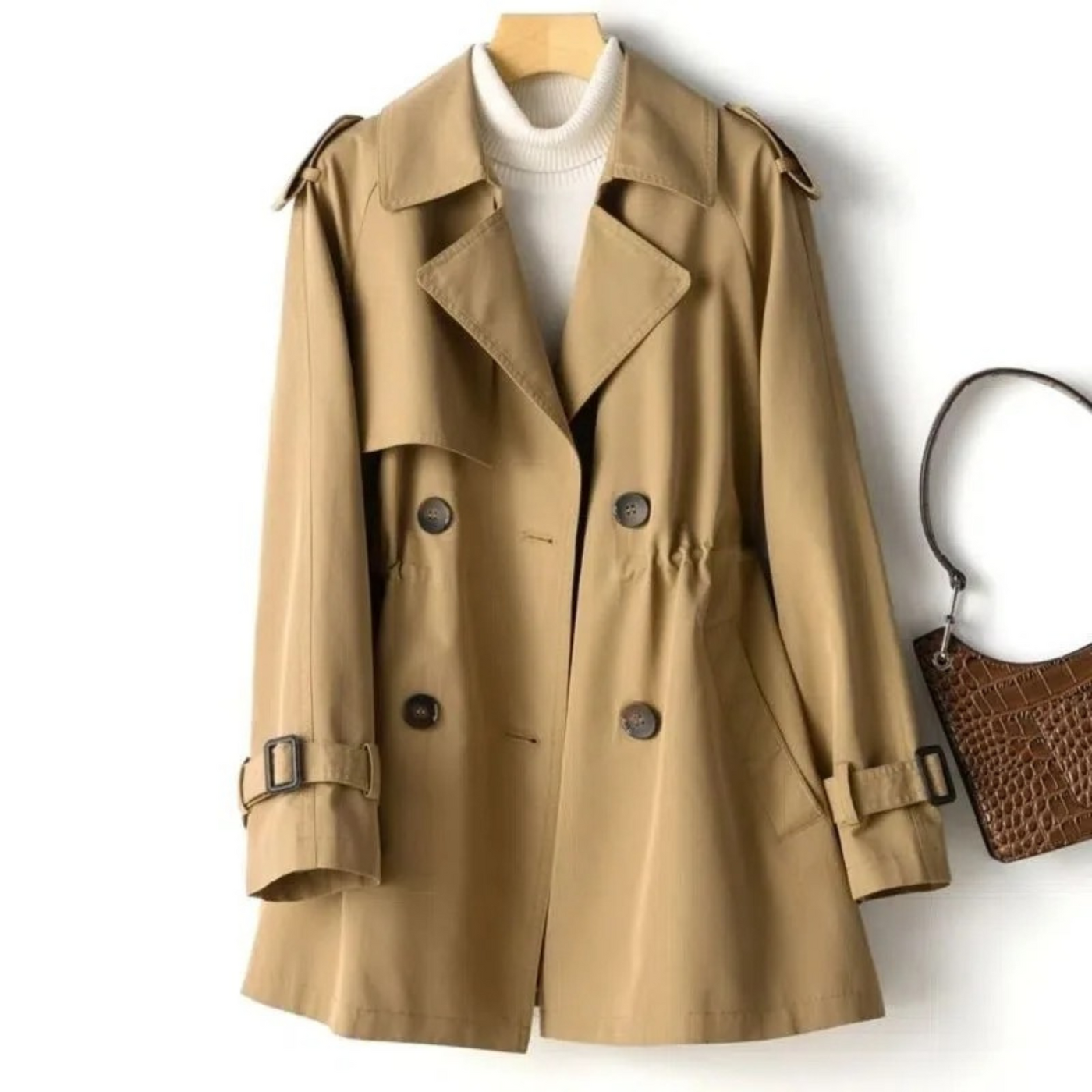 Manteau trench-coat beige pour femme, style classique, avec ceinture et boutons, sur cintre, accompagné d'un sac à main marron texturé.