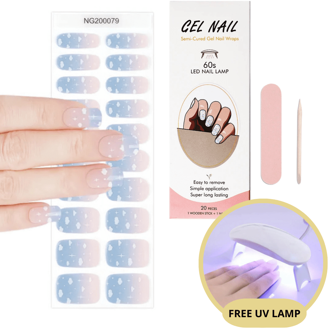 Autocollants ongles gel semi-permanents avec lampe UV gratuite, lime à ongles et bâtonnet en bois. Application facile, longue tenue.