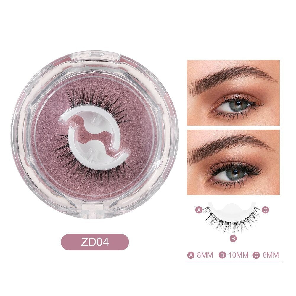 Faux cils magnétiques ZD04 en boîte rose, avec illustration de l'application sur yeux maquillés. Longueur variée: 8mm, 10mm, 8mm.