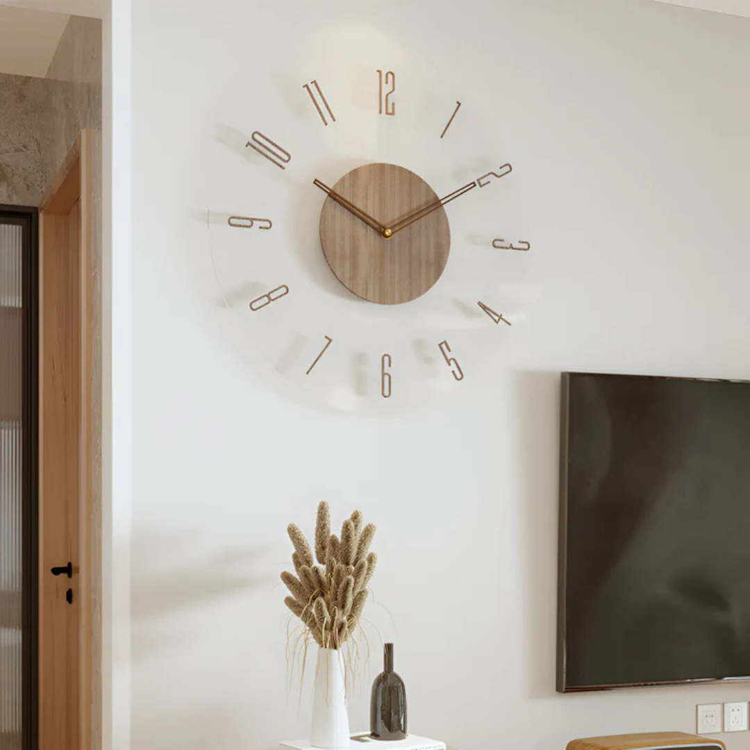 Horloge murale moderne en bois avec chiffres transparents, décor minimaliste, salon élégant, design contemporain, décoration intérieure tendance.
