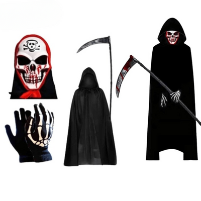 Grimora Set | Halloween pelerini aksesuarları, iskelet maskeleri ve orak