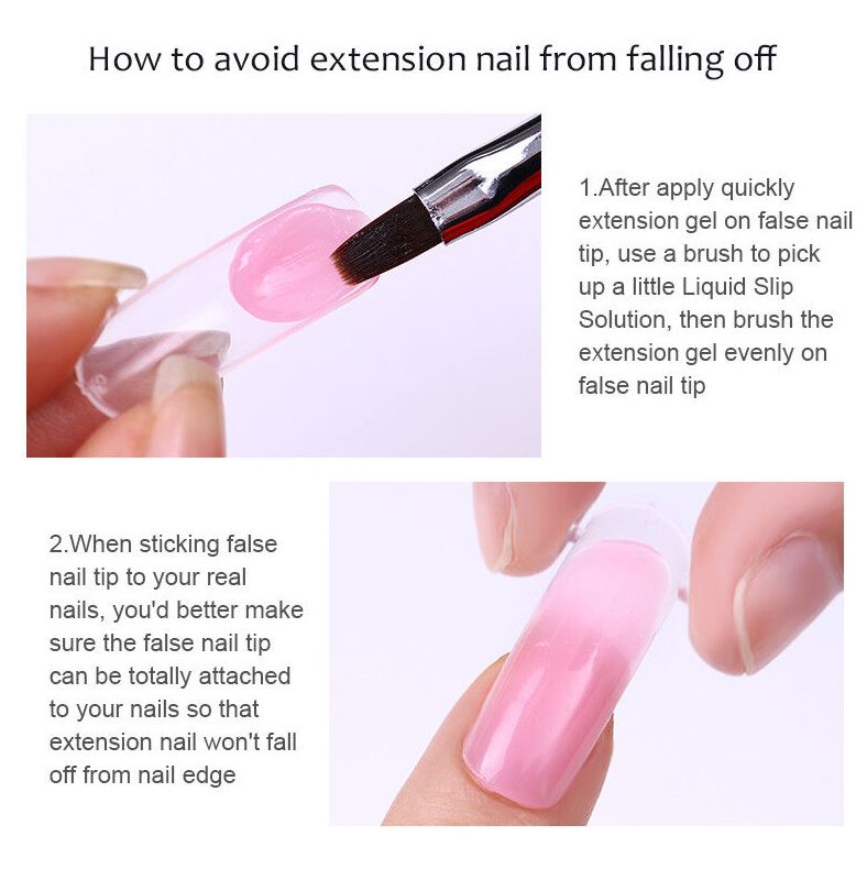 Instructions pour éviter que les ongles en gel ne se détachent. Application de gel d'extension avec pinceau sur faux ongle. Conseils pour une adhérence optimale.