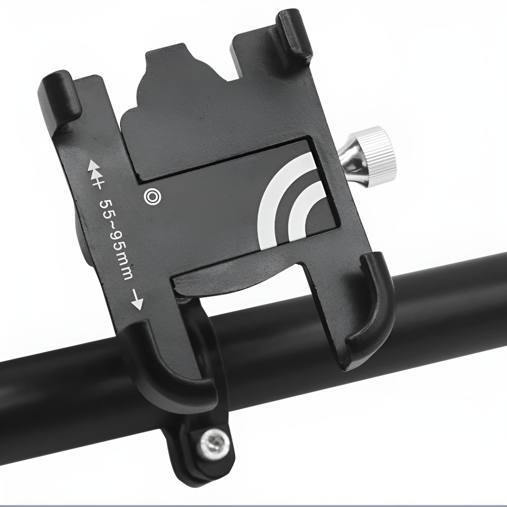 Support de téléphone pour vélo, réglable de 55 à 95 mm, en alliage d'aluminium noir, fixation sécurisée sur guidon, idéal pour cyclisme.