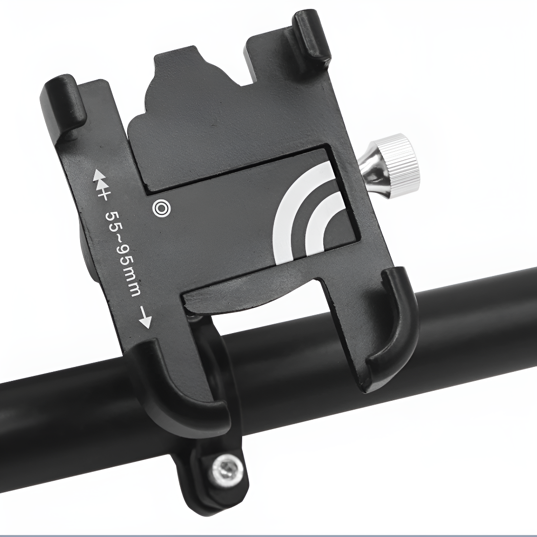 Support de téléphone pour vélo, réglable de 55 à 95 mm, en alliage d'aluminium noir, fixation sécurisée sur guidon, idéal pour cyclisme.