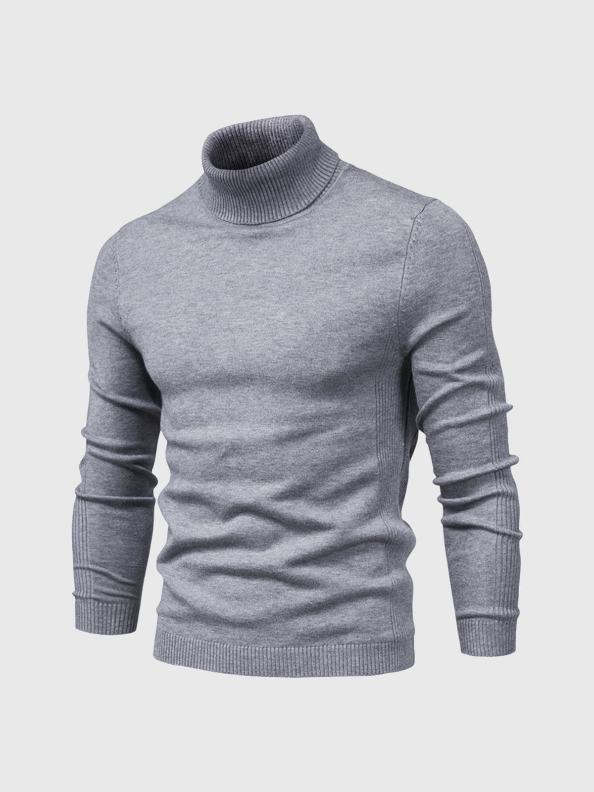 Pull col roulé gris pour homme, manches longues, tricoté, style élégant et moderne, idéal pour l'hiver et la mode masculine.