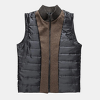 Gilet matelassé noir et marron pour homme, sans manches, avec fermeture éclair. Mode automne-hiver, vêtement chaud et élégant.