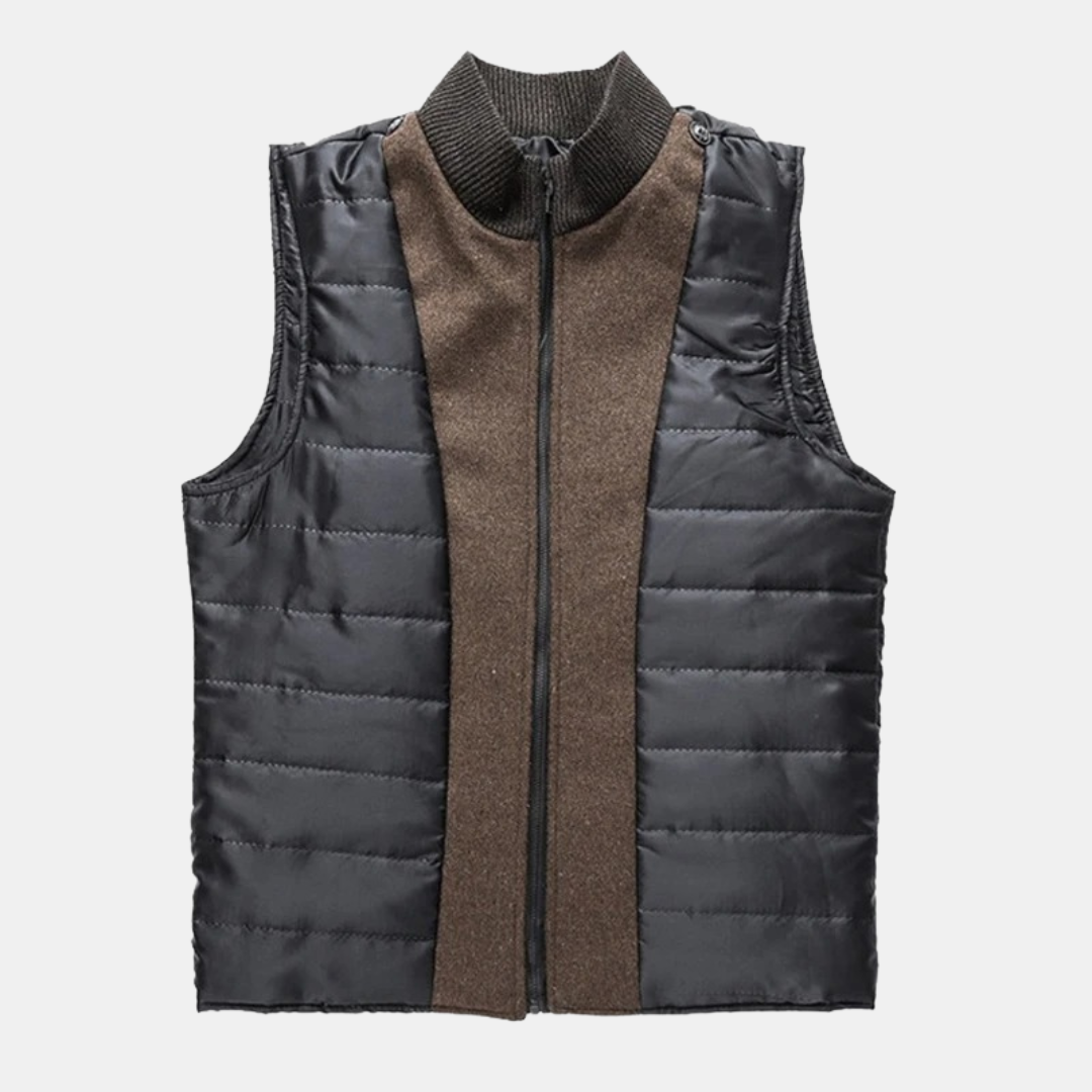 Gilet matelassé noir et marron pour homme, sans manches, avec fermeture éclair. Mode automne-hiver, vêtement chaud et élégant.